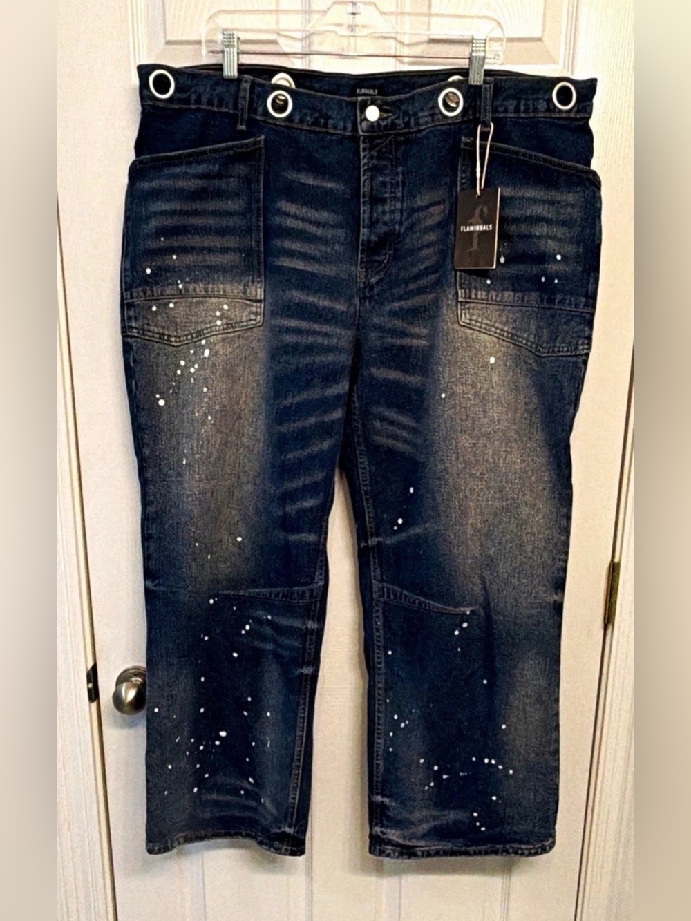 Flamingals Women’s Plus 4XL Blue Medium Wash  Denim Jeans Button Fly Paint
